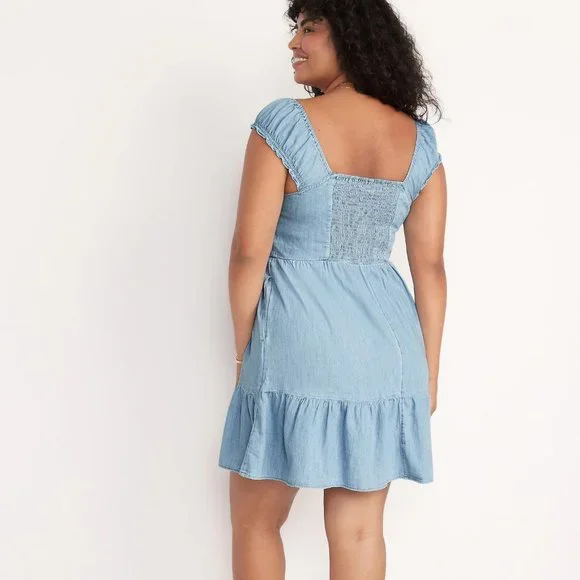 Old Navy Fit & Flare Puff-Sleeve Smocked Jean Mini Dress for Women New - Picture 3 of 5